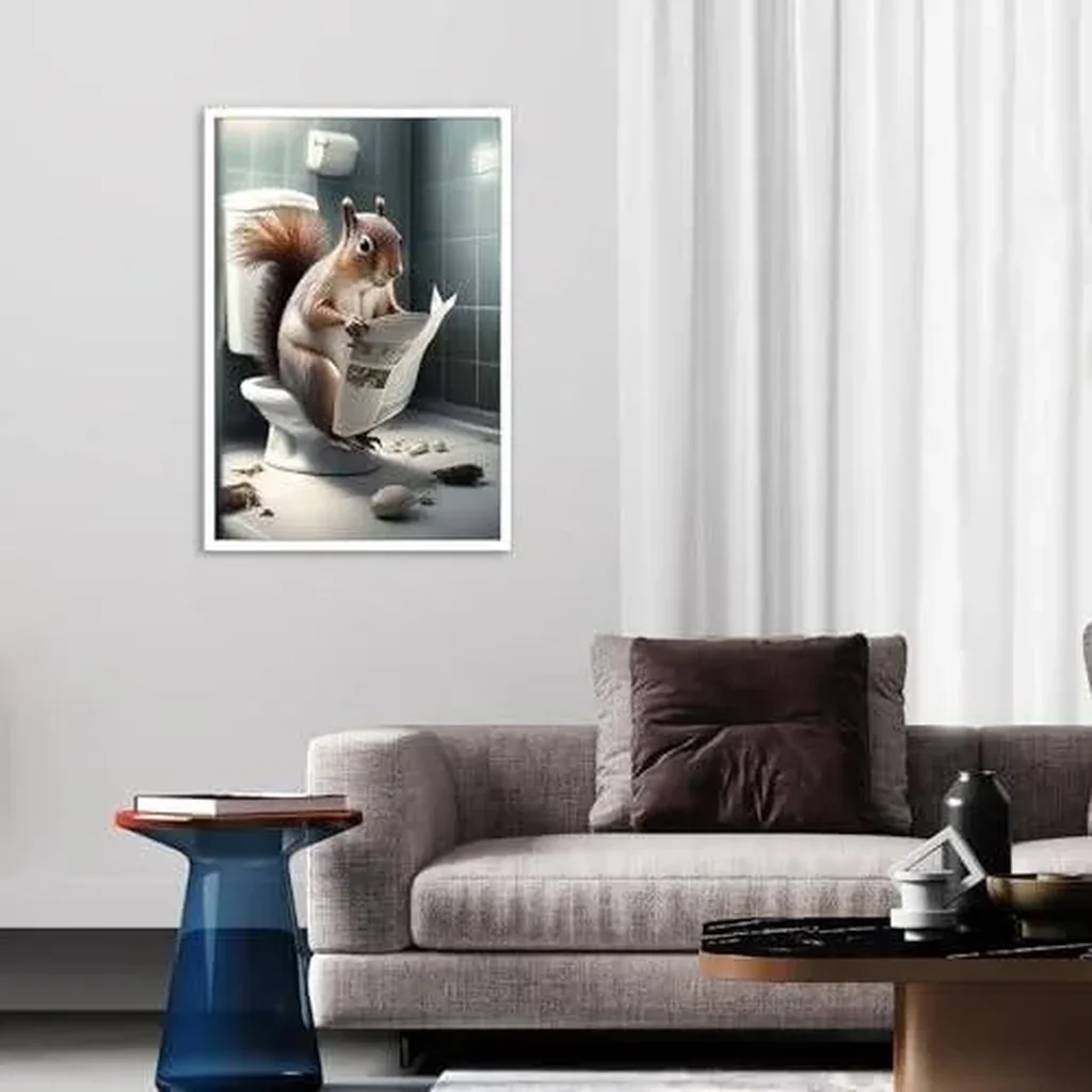 ALAYRA Funny Squirrel Bathroom Canvas Wall Art Cute Squirrel In Toilet Posters Black and White Animal Prints Painting Maximalist Mid Century Modern Aesthetic Wall Decor for 16x24in Unframed 01 - Image 3