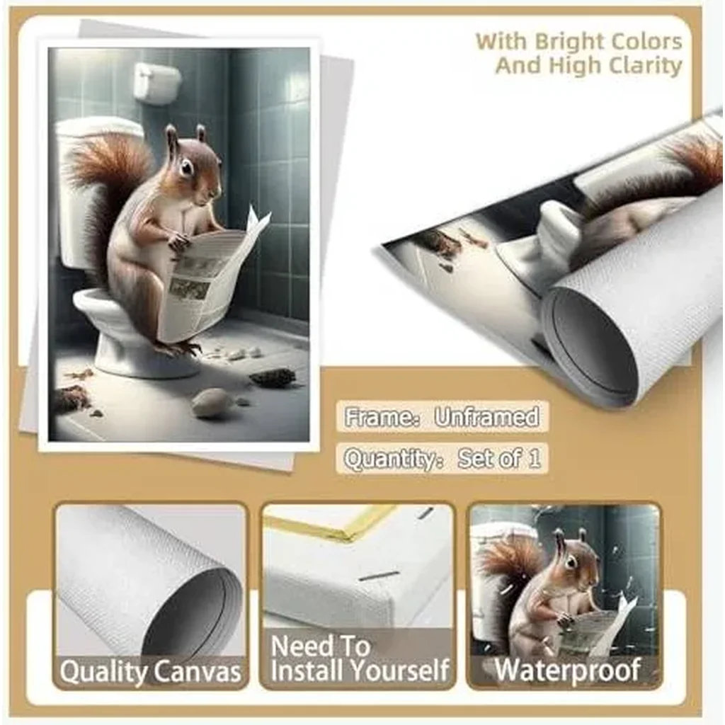 ALAYRA Funny Squirrel Bathroom Canvas Wall Art Cute Squirrel In Toilet Posters Black and White Animal Prints Painting Maximalist Mid Century Modern Aesthetic Wall Decor for 16x24in Unframed 01 - Image 7