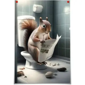 ALAYRA Funny Squirrel Bathroom Canvas Wall Art Cute Squirrel Reading Newspapers on Toilet Pictures Poster Prints, Black and White Maximalist Mid Century Modern wall decor 12x16in Unframed 01