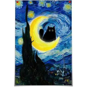 ALAYRA Funny Starry Night Cat Canvas Wall Art Famous Oil Paintings Black Cat Poster Funny Cat Floral Print Colorful Abstract Farmhouse Gallery Aesthetic Room Wall Decor For Bedroom 12x16in Unframed 01