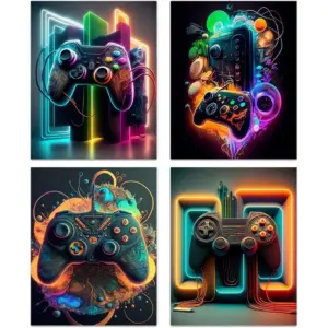 ALAYRA Gaming Controller Wall Art Game Wall Decor, Retro Video Game Art Posters Cool Game Handle Canvas Prints for Gamers Girls' Accessories and Boys' Gaming Bedroom Decor, 4-Set (8"x10" Unframed) 01