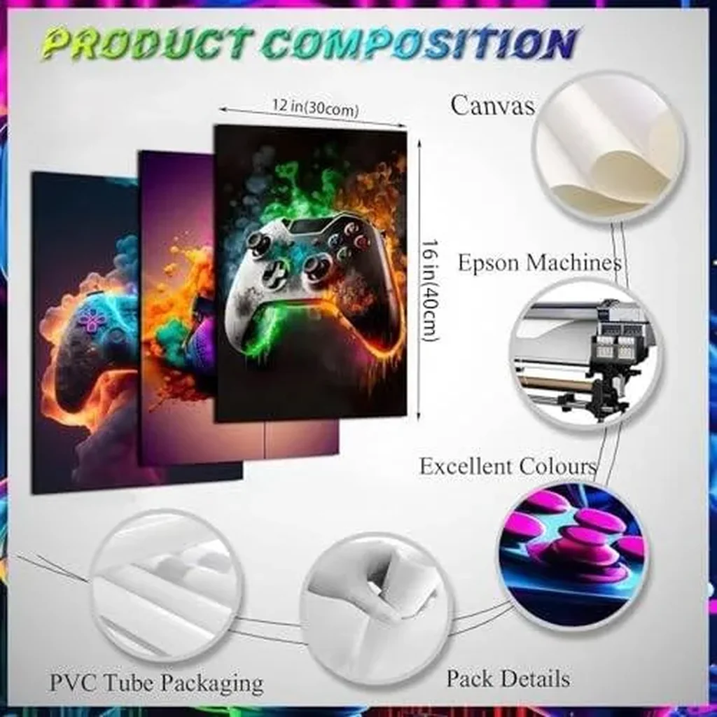 ALAYRA Gaming Room Decor - Wall Art Set of 3, Video Gaming Theme, Unframed 12x16in Canvas Posters for Teen Boys Room 01 - Image 2