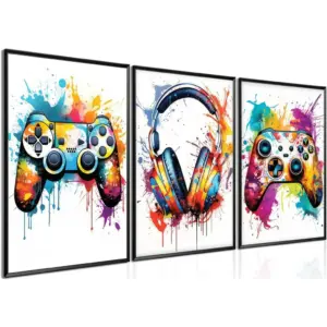 ALAYRA Gaming Room Decor Wall Art Set of 3, Video Gaming Theme Decor Gamer Room Gamepad Graffiti Posters Pictures Wall Art, Gaming Canvas Painting Prints for Teen Boys Room Decor 12x16in Unframed 01