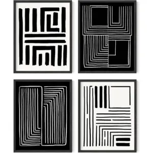ALAYRA Geometric Wall Art - Set of 4 Black and White Posters For Room Aesthetic, Modern Abstract Wall Art, Minimalist Art Wall Decor, Large Black and White Wall Art, (11x14, Unframed) 01