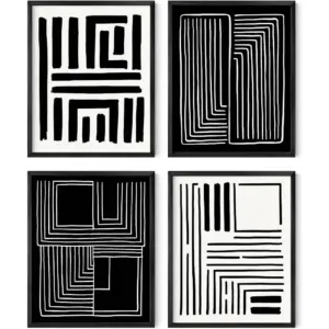 ALAYRA Geometric Wall Art - Set of 4 Black and White Posters For Room Aesthetic, Modern Abstract Wall Art, Minimalist Art Wall Decor, Large Black and White Wall Art, (8x10, Unframed) 01