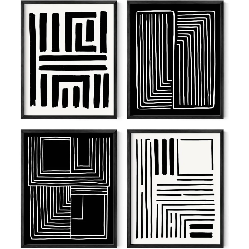ALAYRA Geometric Wall Art - Set of 4 Black and White Posters For Room Aesthetic, Modern Abstract Wall Art, Minimalist Art Wall Decor, Large Black and White Wall Art, (8x10, Unframed) 01