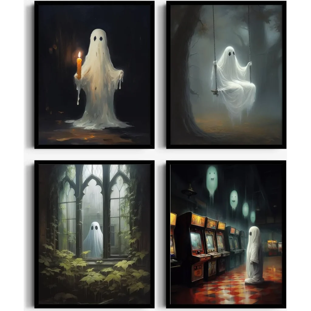 ALAYRA Ghost Poster Halloween Wall Art 8x10 Unframed Halloween Prints - Halloween Pictures Wall Decor, Ghost Wall Art, Halloween Poster, Halloween Art - Spooky Wall Art - Ghost Wall Decor, Ghost Paint