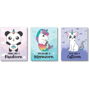 ALAYRA Girl Room Wall Decor Art Prints (UNFRAMED 8 x 10) Nursery Wall Decor, Inspirational Wall Art, Motivational Quotes Posters, Kids Tween Teen Room (Unicorn Panda Mermaid Cat) 01