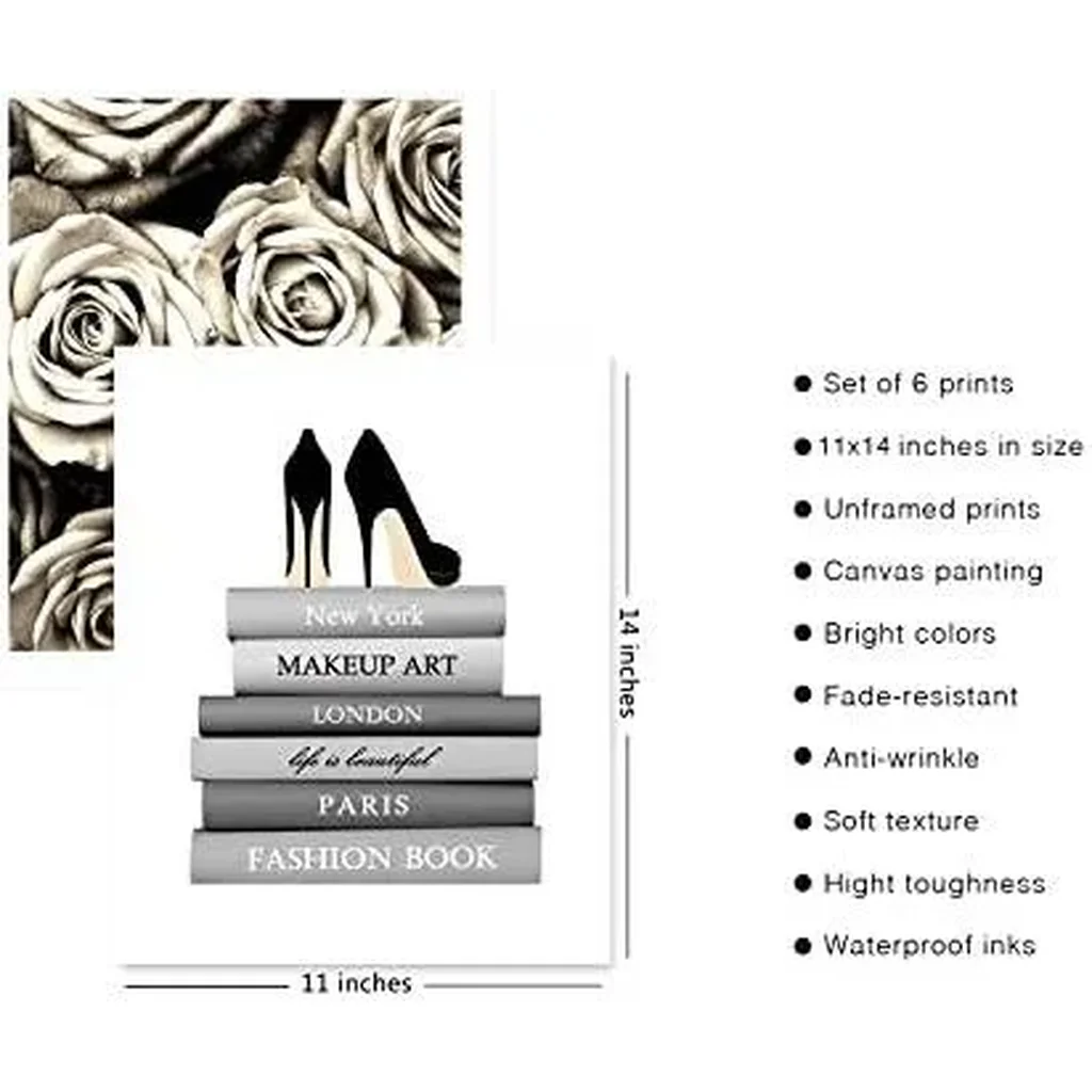 ALAYRA Glam Black Gray Fashion Wall Decor Girls Room Decor Wall Art Pints Silver Perfume Book High Heels Flowers Posters Prints Bedroom Office Decor (11"x14" UNFRAMED) 01 - Image 2