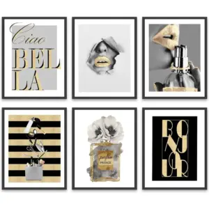 ALAYRA Glam Gold Fashion Wall Decor Set of 6 Girls Room Canvas Pictures Art Perfume Lady Makeup Tool Stylish and Quote Prints Posters Bedroom Decor for Women (8x10 in Unframed) 01