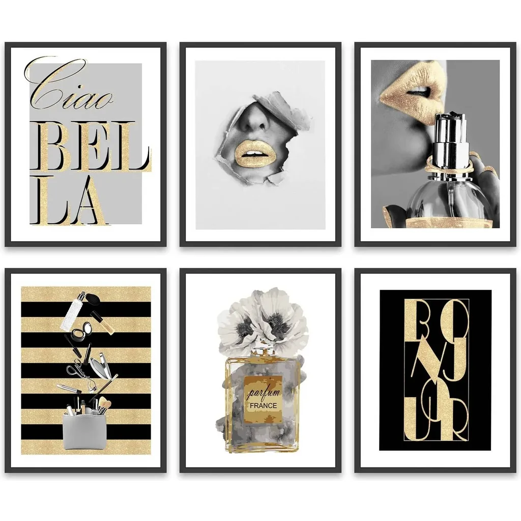 ALAYRA Glam Gold Fashion Wall Decor Set of 6 Girls Room Canvas Pictures Art Perfume Lady Makeup Tool Stylish and Quote Prints Posters Bedroom Decor for Women (8x10 in Unframed) 01