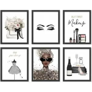 ALAYRA Glam Grey Fashion Wall Decor - 6 Pcs Makeup Posters, Silver And Black Glam Wall Art for Women Makeup Room, Silver High Heel Prints, Silver Bedroom Decor for Girls (8x10 UNFRAMED) 01