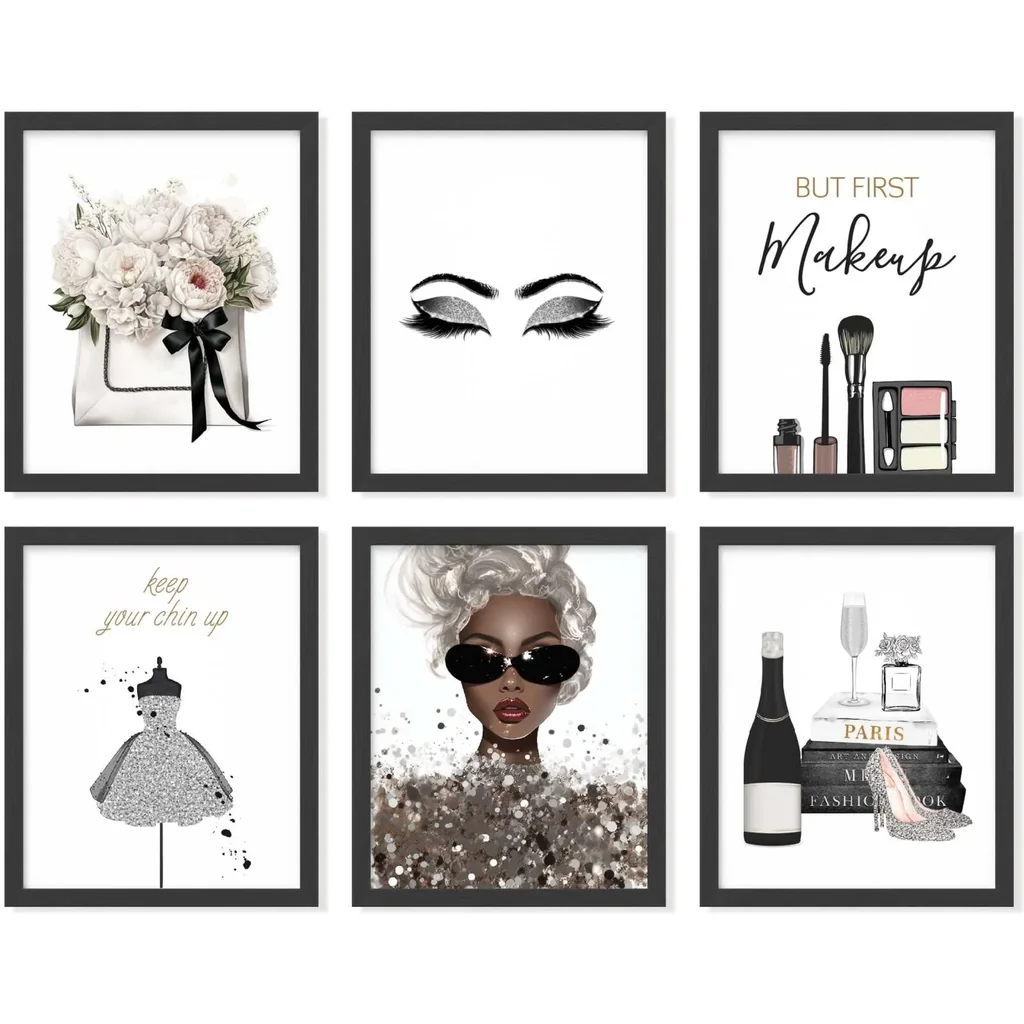 ALAYRA Glam Grey Fashion Wall Decor - 6 Pcs Makeup Posters, Silver And Black Glam Wall Art for Women Makeup Room, Silver High Heel Prints, Silver Bedroom Decor for Girls (8x10 UNFRAMED) 01