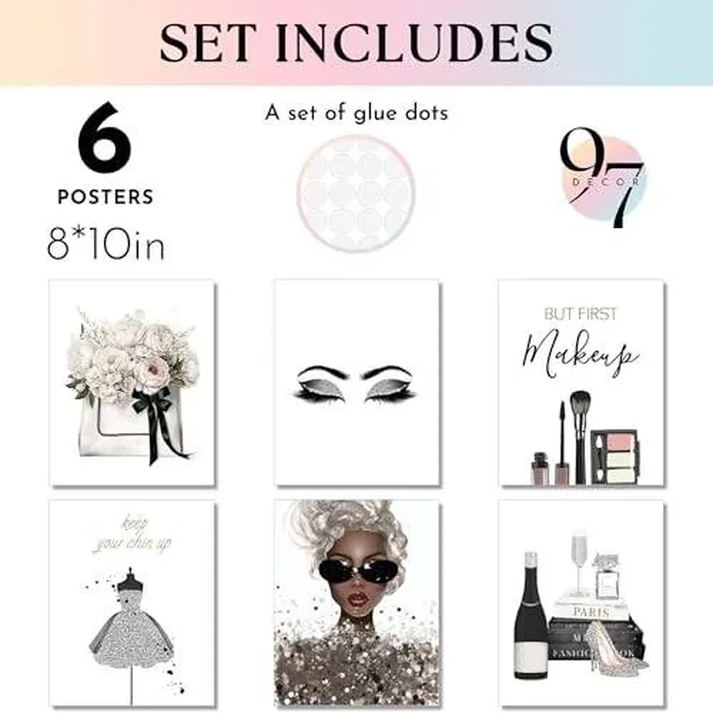 ALAYRA Glam Grey Fashion Wall Decor - 6 Pcs Makeup Posters, Silver And Black Glam Wall Art for Women Makeup Room, Silver High Heel Prints, Silver Bedroom Decor for Girls (8x10 UNFRAMED) 01 - Image 2
