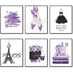 ALAYRA Glam Purple Fashion Wall Art Prints Girl Room Decor Makeup Posters Bedroom Art Makeup Room Artwork Set of 6 High Heels Perfume Flower Art Posters (Fashion Theme A, 6x 8"x10" UNFRAMED) 01