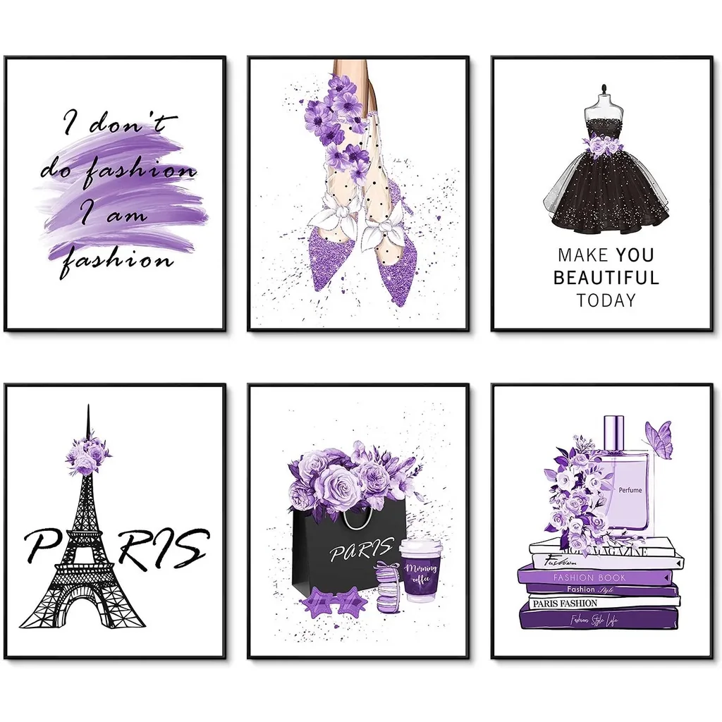 ALAYRA Glam Purple Fashion Wall Art Prints Girl Room Decor Makeup Posters Bedroom Art Makeup Room Artwork Set of 6 High Heels Perfume Flower Art Posters (Fashion Theme A, 6x 8"x10" UNFRAMED) 01