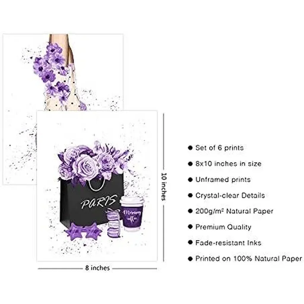 ALAYRA Glam Purple Fashion Wall Art Prints Girl Room Decor Makeup Posters Bedroom Art Makeup Room Artwork Set of 6 High Heels Perfume Flower Art Posters (Fashion Theme A, 6x 8"x10" UNFRAMED) 01 - Image 2