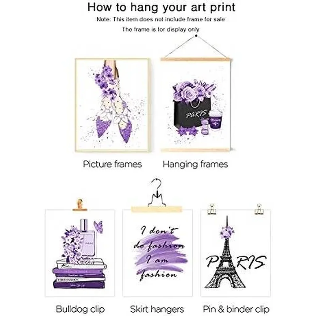 ALAYRA Glam Purple Fashion Wall Art Prints Girl Room Decor Makeup Posters Bedroom Art Makeup Room Artwork Set of 6 High Heels Perfume Flower Art Posters (Fashion Theme A, 6x 8"x10" UNFRAMED) 01 - Image 3