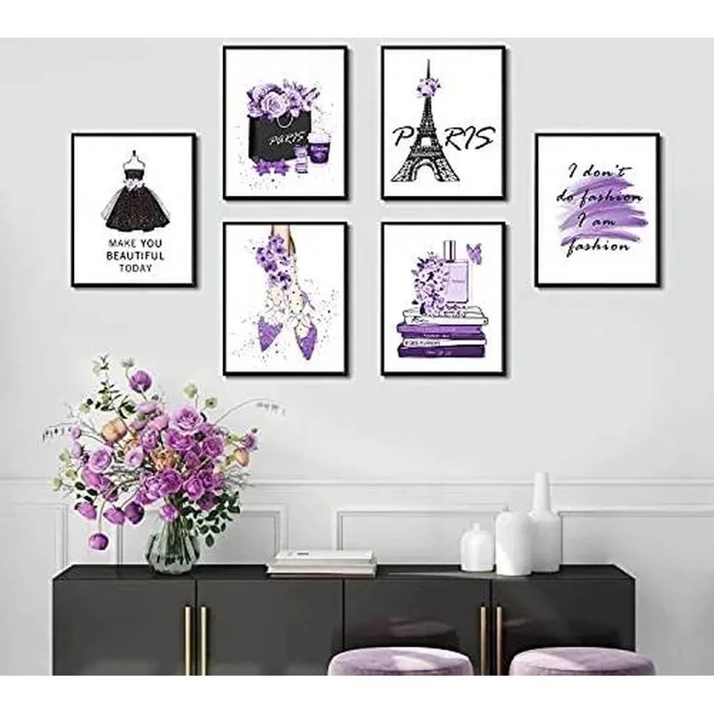 ALAYRA Glam Purple Fashion Wall Art Prints Girl Room Decor Makeup Posters Bedroom Art Makeup Room Artwork Set of 6 High Heels Perfume Flower Art Posters (Fashion Theme A, 6x 8"x10" UNFRAMED) 01 - Image 7