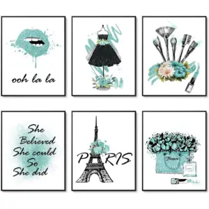 ALAYRA Glam Teal Wall Art Prints Set of 6 Canvas Pictures Perfume Woman Vintage Wall Art Decor Fashion Art Poster Set for Living Room Decor (11"x14" UNFRAMED) 01