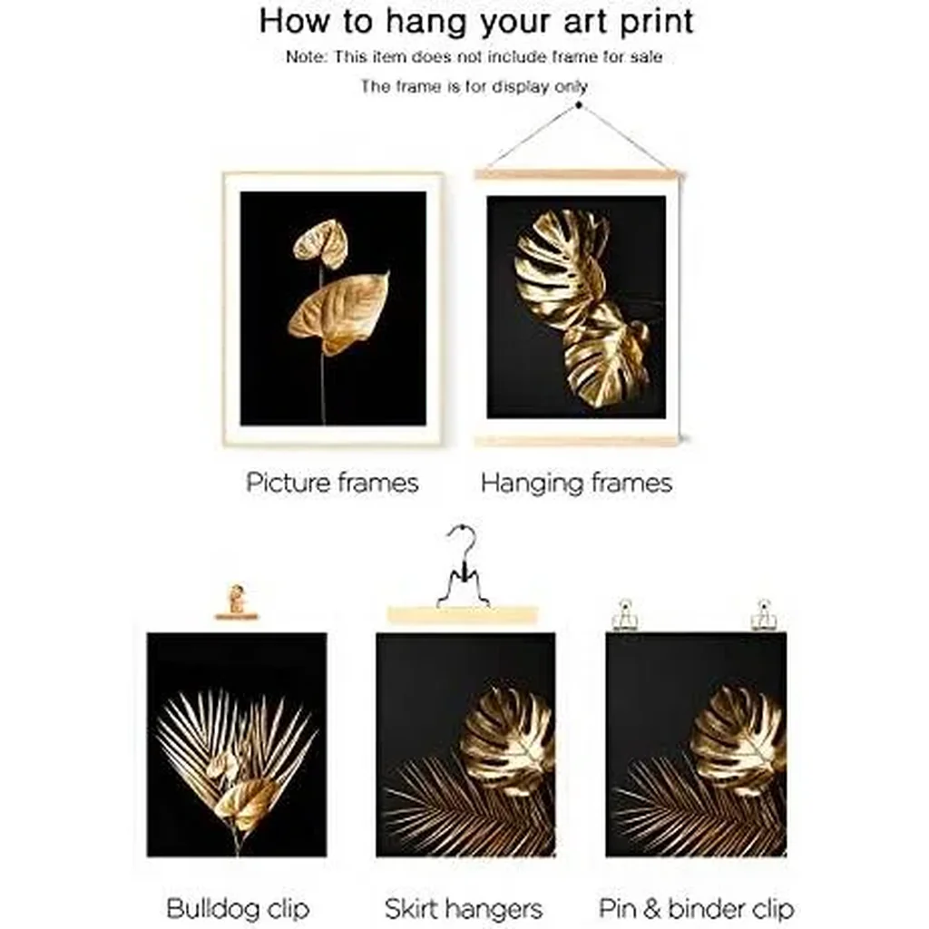 ALAYRA Gold Botanical Leaf Wall Art Prints Modern Tropical Plant Leaves Canvas Prints Poster Black and Gold Art Wall Decor for Living Room Bedroom Office Gallery Wall Art Pictures (8"x10" UNFRAMED) 01 - Image 2