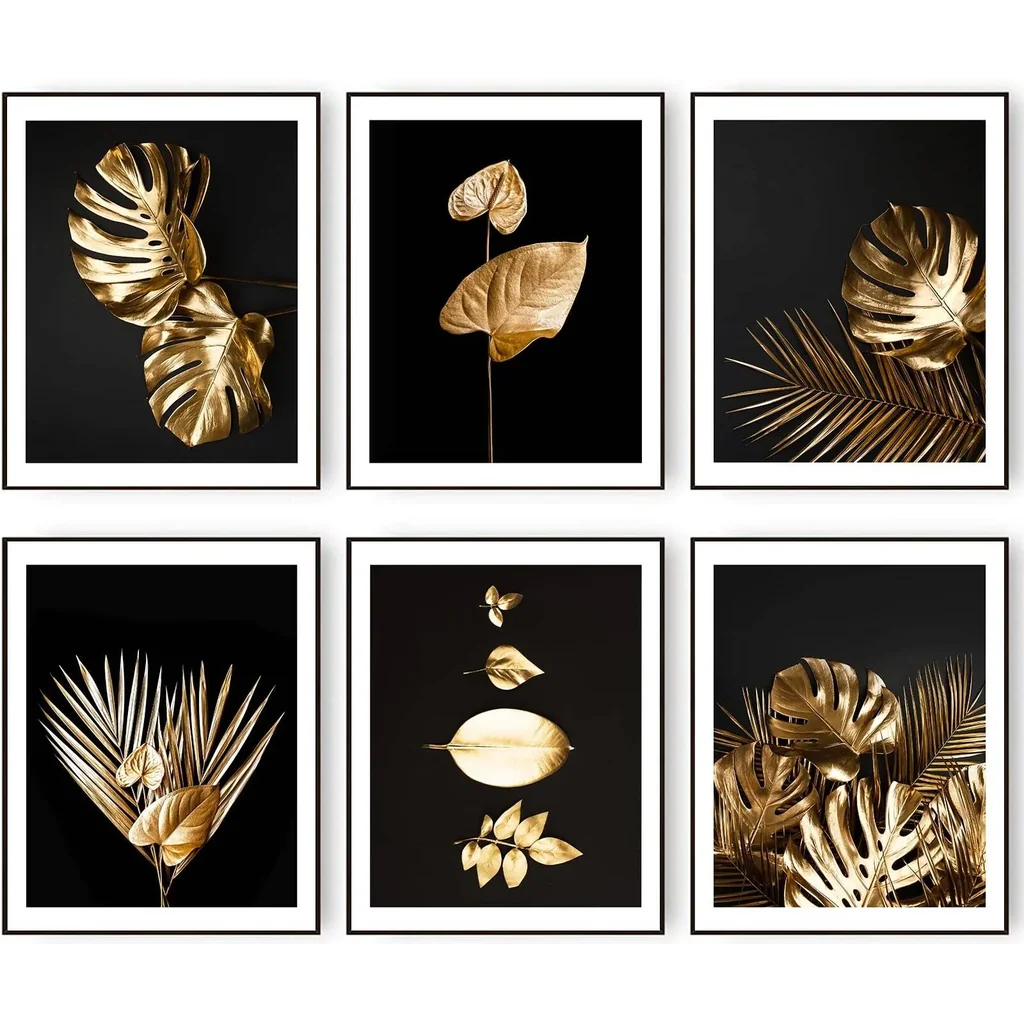 ALAYRA Gold Botanical Leaf Wall Art Prints Modern Tropical Plant Leaves Canvas Prints Poster Black Gold Art Wall Decor for Living Room Bedroom Gallery Wall Art Pictures (11"x14" UNFRAMED) 01 - Image 5
