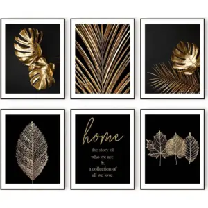 ALAYRA Gold Leaf Art Prints Modern Black Gold Botanical Tropical Plant Leaves Art Wall Pictures Canvas Prints Gallery Wall Art Poster Wall Decor (11"x14" UNFRAMED) 01