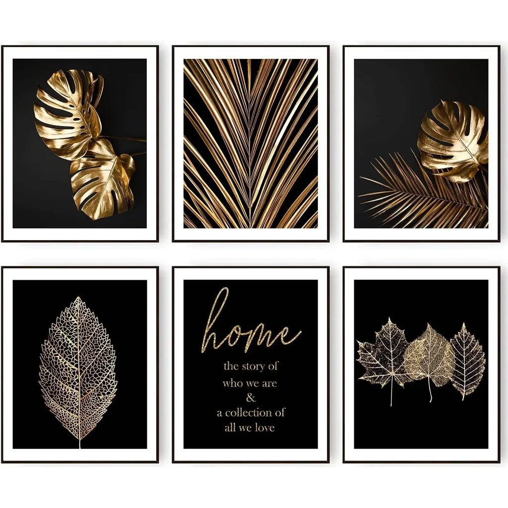ALAYRA Gold Leaf Art Prints Modern Black Gold Botanical Tropical Plant Leaves Art Wall Pictures Canvas Prints Gallery Wall Art Poster Wall Decor Bedroom Room Home Decor (8"x10" UNFRAMED) 01