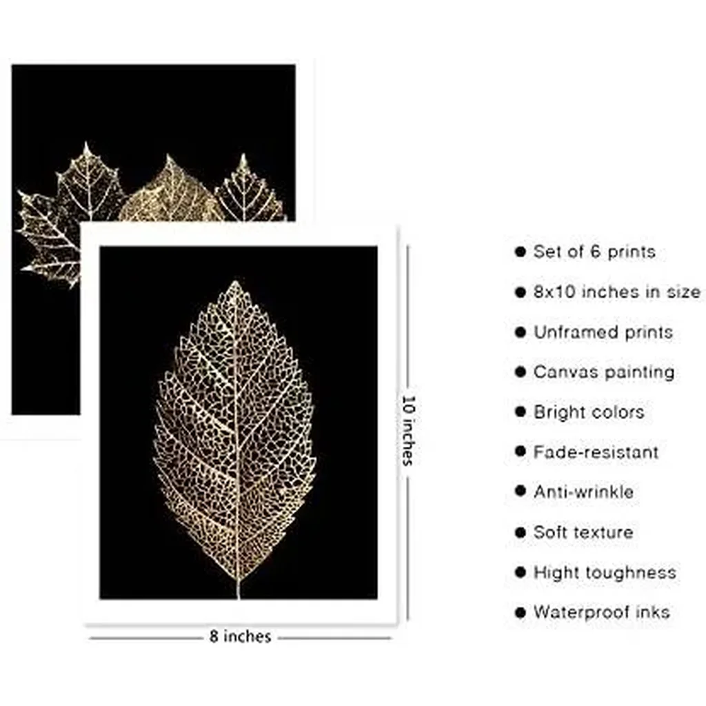 ALAYRA Gold Leaf Art Prints Modern Black Gold Botanical Tropical Plant Leaves Art Wall Pictures Canvas Prints Gallery Wall Art Poster Wall Decor Bedroom Room Home Decor (8"x10" UNFRAMED) 01 - Image 3
