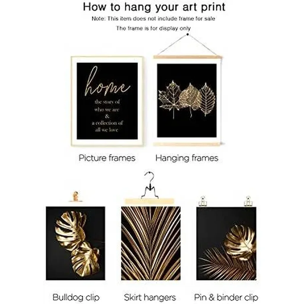 ALAYRA Gold Leaf Art Prints Modern Black Gold Botanical Tropical Plant Leaves Art Wall Pictures Canvas Prints Gallery Wall Art Poster Wall Decor Bedroom Room Home Decor (8"x10" UNFRAMED) 01 - Image 4
