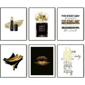 ALAYRA Gorgeous Black and Gold Fashion Art Prints Room Decor Glam Golden Flower Lipstick Perfume Bottle Art Poster Designer Artwork Stylish Quotes & Sayings Home Art Decor (11"x14" UNFRAMED) 01