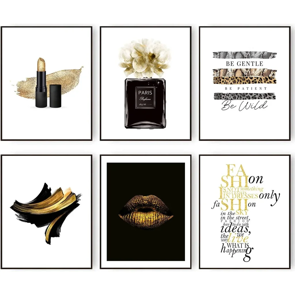 ALAYRA Gorgeous Black and Gold Fashion Art Prints Room Decor Glam Golden Flower Lipstick Perfume Bottle Art Poster Designer Artwork Stylish Quotes & Sayings Home Art Decor (11"x14" UNFRAMED) 01