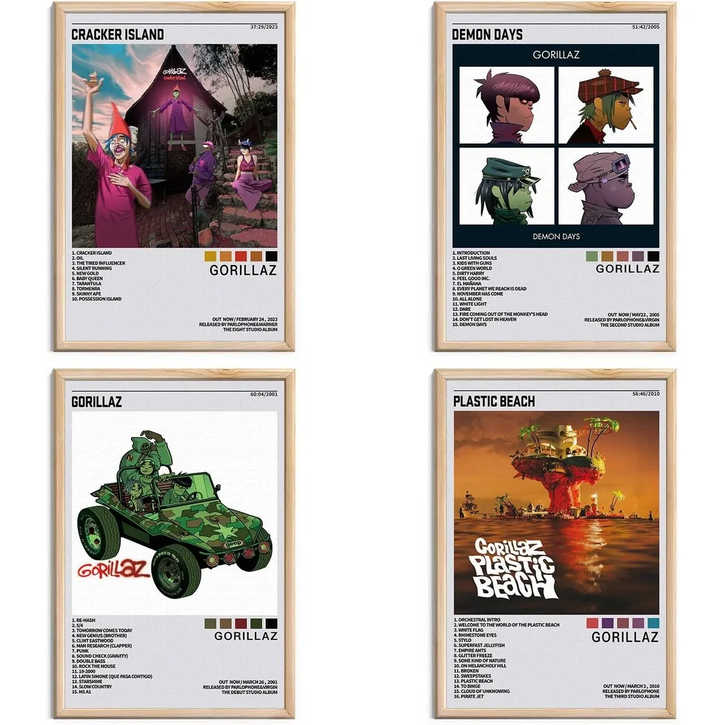 ALAYRA Gorillaz Posters Music Album Cover Posters HD Prints Canvas Wall Art Room Aesthetic Pictures Set of 4 for Living Room Bedroom Music Classroom Posters Girls Wall Decor Art 8x12 inch Unframed 01