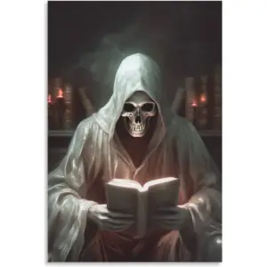 ALAYRA Gothic Canvas Wall Art Poster Halloween Ghost Spooky Decor Canvas Picture (1-Skeleton Reading, 16x24inch-Unframe) 01