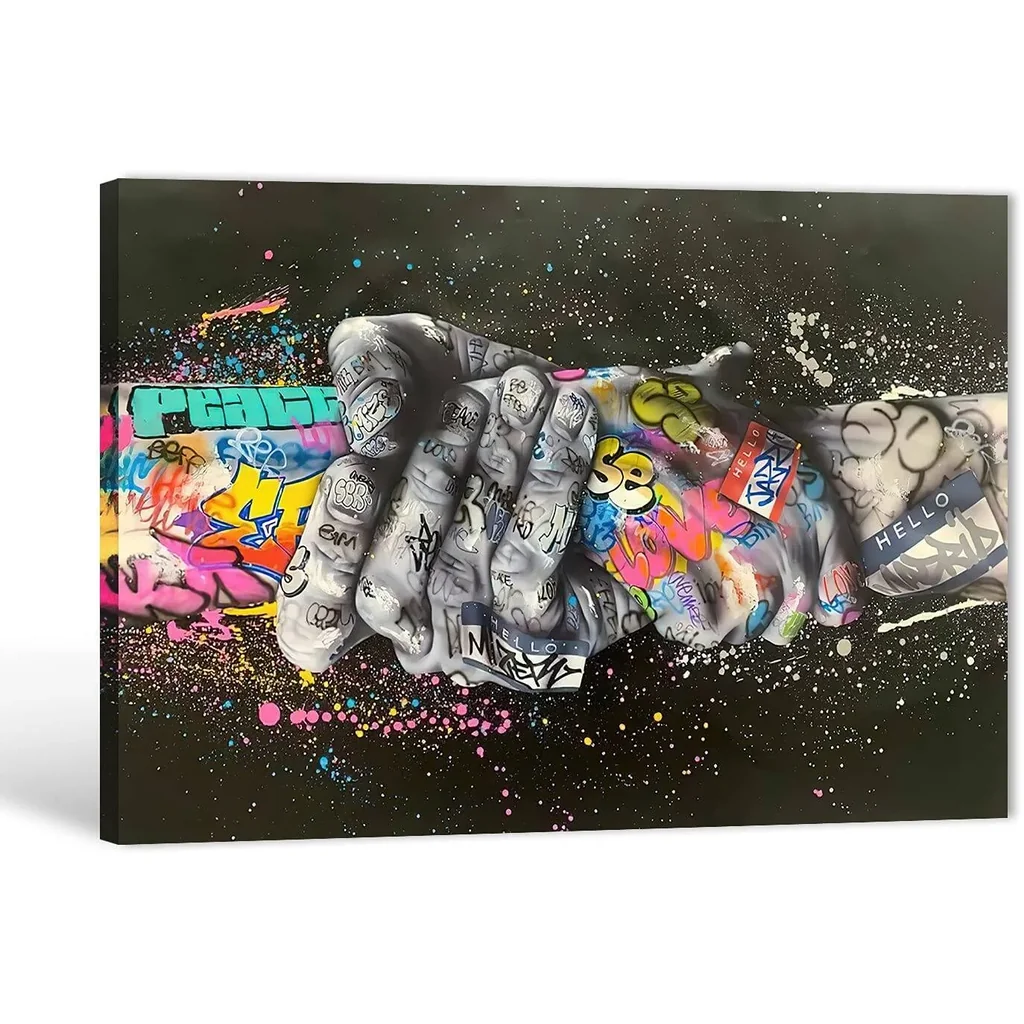 ALAYRA Graffiti Canvas Wall Art, Street Graffiti Canvas Wall Art, Modern Street Graffiti Wall Art, Colorful Graffiti Street Wall Art, Graffiti Art Handshake Gesture Painting for Home Decor 18x24 Inche