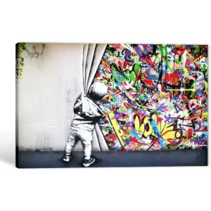 ALAYRA Graffiti Street Canvas Wall Art, Behind The Curtain Kid Graffiti Painting, Colorful Street Graffiti Artwork for Kid Room Decor Gift, Modern Framed Art for Home Wall Decor (24x36 Inches) 01