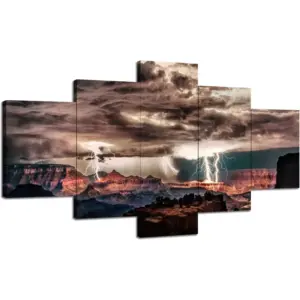 ALAYRA Grand Canyon National Park Lightning Dark Clouds Scenery Wall Decor US Arizona Wall Art Pictures Canvas Print Cliff Posters Painting Framed Home Bedroom 5 Piece Ready to Hang(60''Wx32''H) 01