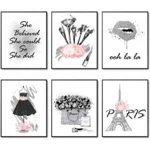 ALAYRA Gray Pink Wall Art Prints Set of 6 Canvas Pictures Perfume Woman Vintage Wall Art Decor Fashion Art Poster Set for Living Room Decor (8"x10" UNFRAMED) 01