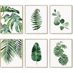 ALAYRA Green Botanical Wall Art Print Set of 6 Natural Plant Leaves Home Decor Aesthetic Bathroom Wall Art Canvas Posters Leaf Prints Poster Set (11"x14" UNFRAMED, Leaf Wall Art) 01