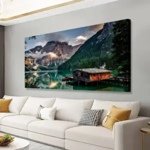 ALAYRA Green Lake Mountain Pictures Canvas Wall Art for Living room Bedroom Wall Decor, Mountain Wall Art Print Paitnings for home Decor, Morden Artwork House in the lake Landscape Canvas Art 01