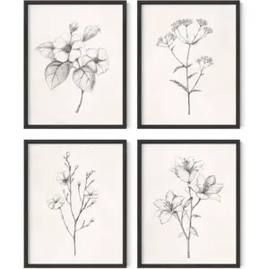 ALAYRA Grey Floral Wall Art - Set of 4 Plant Posters for Wall Vintage, Botanical Prints, Black and White Flower Pictures for Room Aesthetic, Farmhouse Bathroom, Rustic Art (11x14, UNFRAMED) 01