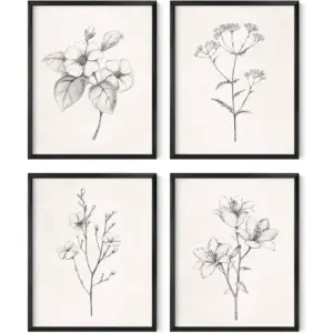 ALAYRA Grey Floral Wall Art - Set of 4 Plant Posters for Wall Vintage, Botanical Prints, Black and White Flower Pictures for Room Aesthetic, Farmhouse Bathroom, Rustic Art (8x10, Unframed) 01