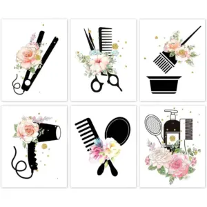 ALAYRA Hair Salon Wall Art, Women Fashion Bathroom Bedroom Decor, Scissors Hair Dryer Curling Iron Canvas Posters, Hairdresser Haircut Tools Art Painting for Barber Shop Decoration, 6 Set-(8"x10" Unfr