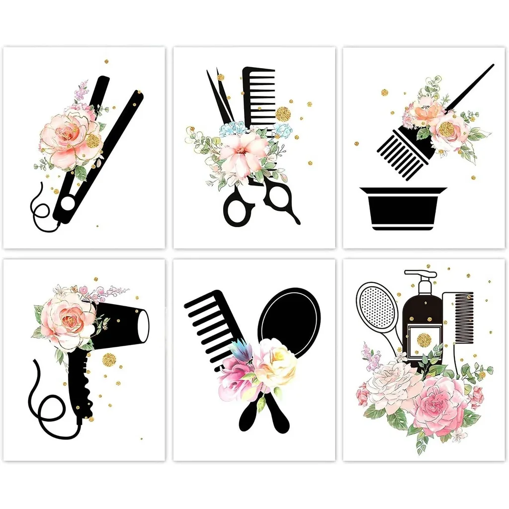 ALAYRA Hair Salon Wall Art, Women Fashion Bathroom Bedroom Decor, Scissors Hair Dryer Curling Iron Canvas Posters, Hairdresser Haircut Tools Art Painting for Barber Shop Decoration, 6 Set-(8"x10" Unfr