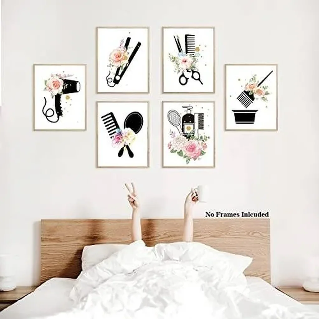 ALAYRA Hair Salon Wall Art, Women Fashion Bathroom Bedroom Decor, Scissors Hair Dryer Curling Iron Canvas Posters, Hairdresser Haircut Tools Art Painting for Barber Shop Decoration, 6 Set-(8"x10" Unfr - Image 2