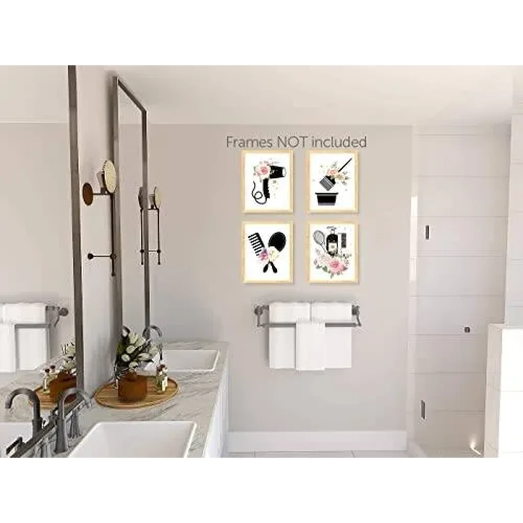 ALAYRA Hair Salon Wall Art, Women Fashion Bathroom Bedroom Decor, Scissors Hair Dryer Curling Iron Canvas Posters, Hairdresser Haircut Tools Art Painting for Barber Shop Decoration, 6 Set-(8"x10" Unfr - Image 3