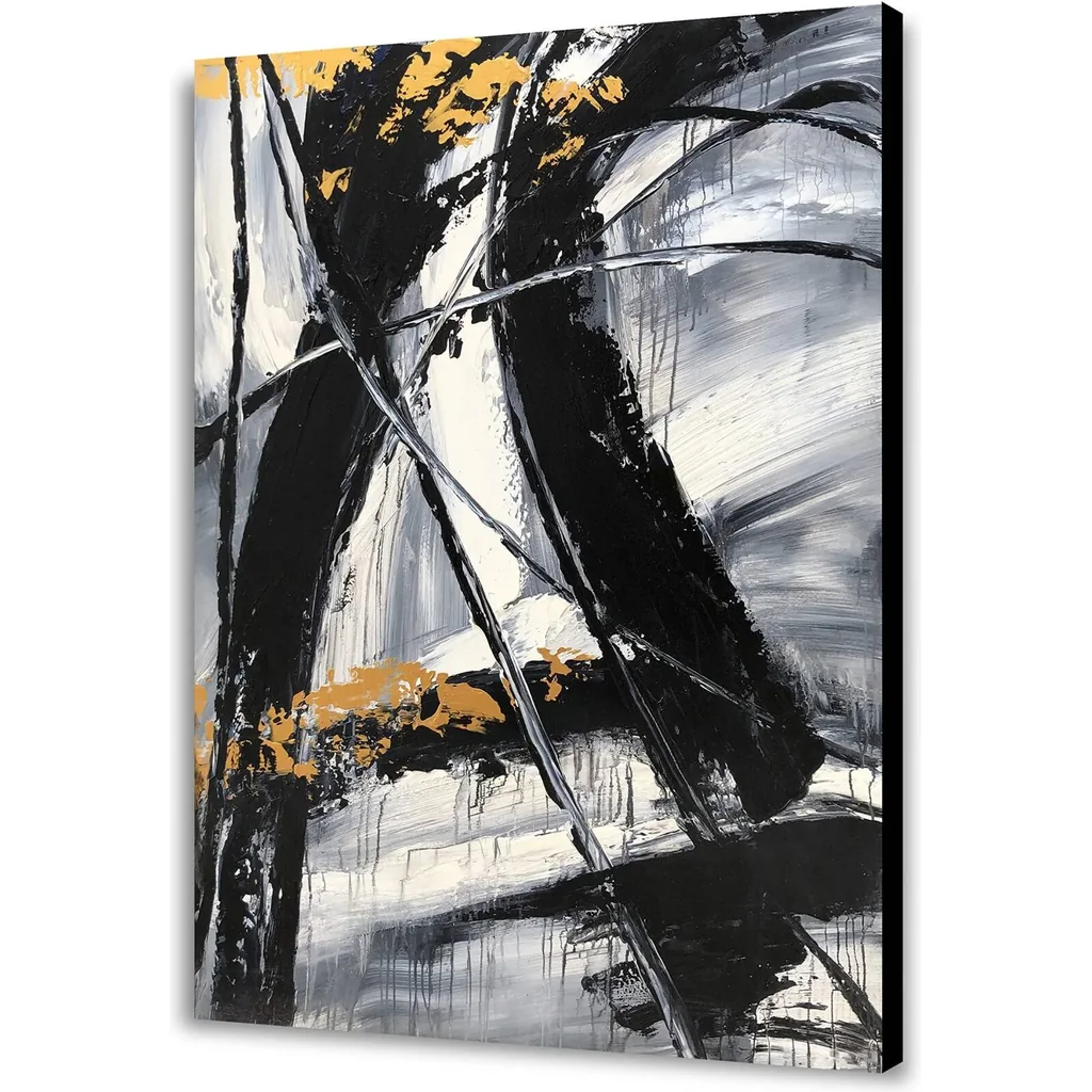 ALAYRA Hand-Painted Abstract Wall Art A Mesmerizing Blend of Black, White, and Gray, Accented with Gold-Exuding Dynamic Energy and Mysterious Allure 01