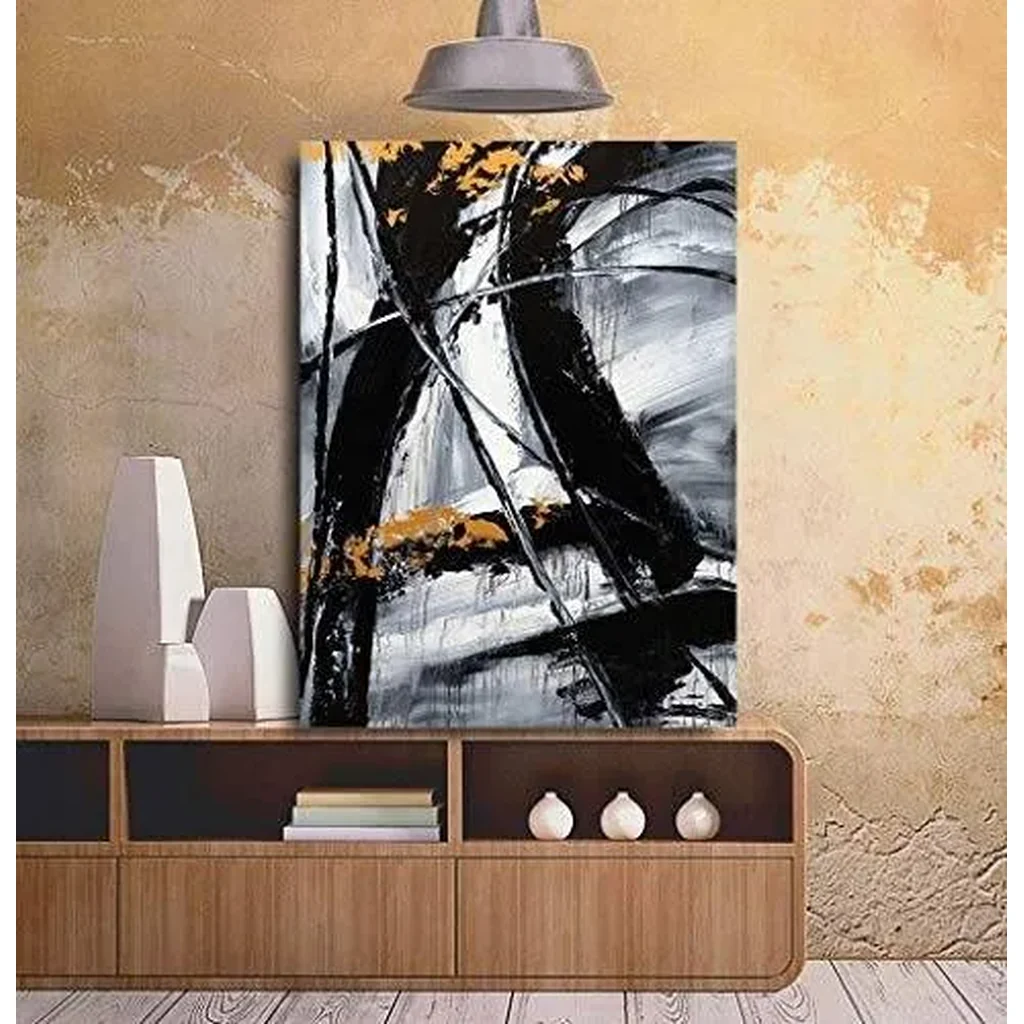 ALAYRA Hand-Painted Abstract Wall Art A Mesmerizing Blend of Black, White, and Gray, Accented with Gold-Exuding Dynamic Energy and Mysterious Allure 01 - Image 2