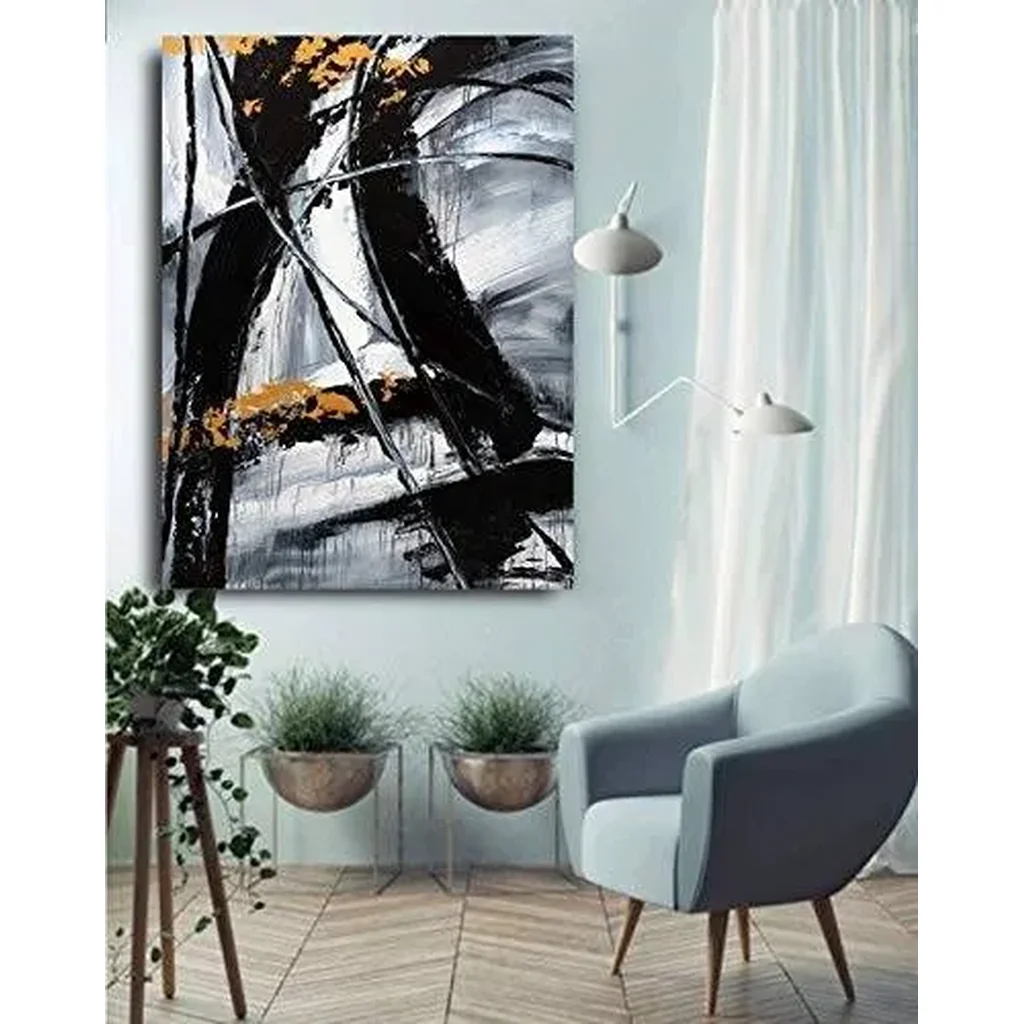 ALAYRA Hand-Painted Abstract Wall Art A Mesmerizing Blend of Black, White, and Gray, Accented with Gold-Exuding Dynamic Energy and Mysterious Allure 01 - Image 3