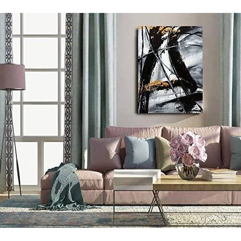ALAYRA Hand-Painted Abstract Wall Art A Mesmerizing Blend of Black, White, and Gray, Accented with Gold-Exuding Dynamic Energy and Mysterious Allure 01 - Image 4
